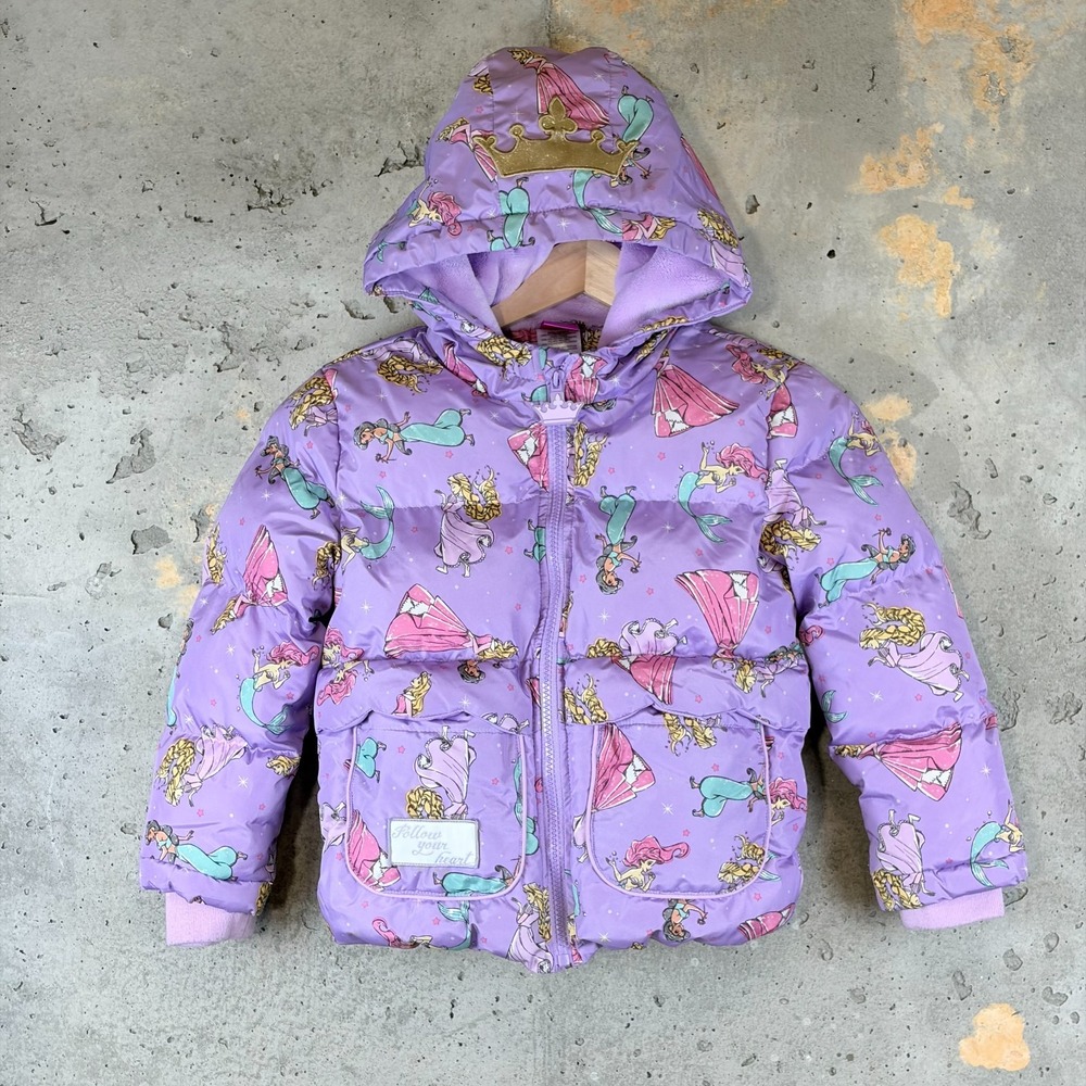 Disney Princess Puffer Jacket Girls S 6/6X Purple Sherpa Lined Hooded Full Zip
